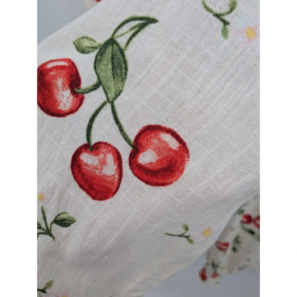 Boho Resortwear Cherry Linen Blend Wide Leg Cream Red Drawstring Fruit XL Pants